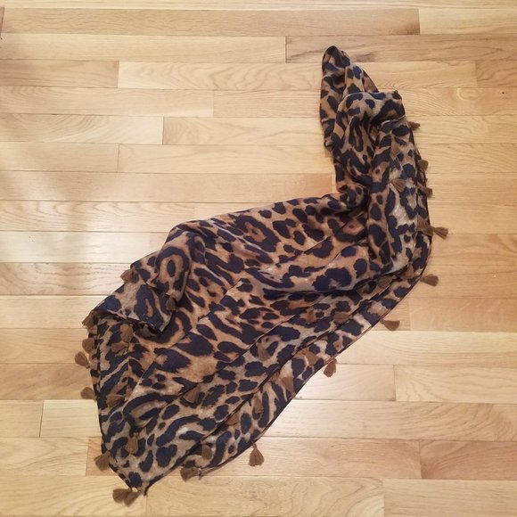 NVENF Animal Print Fringed Pashmina / Scarf - Brown & Gold - Picture 1 of 3